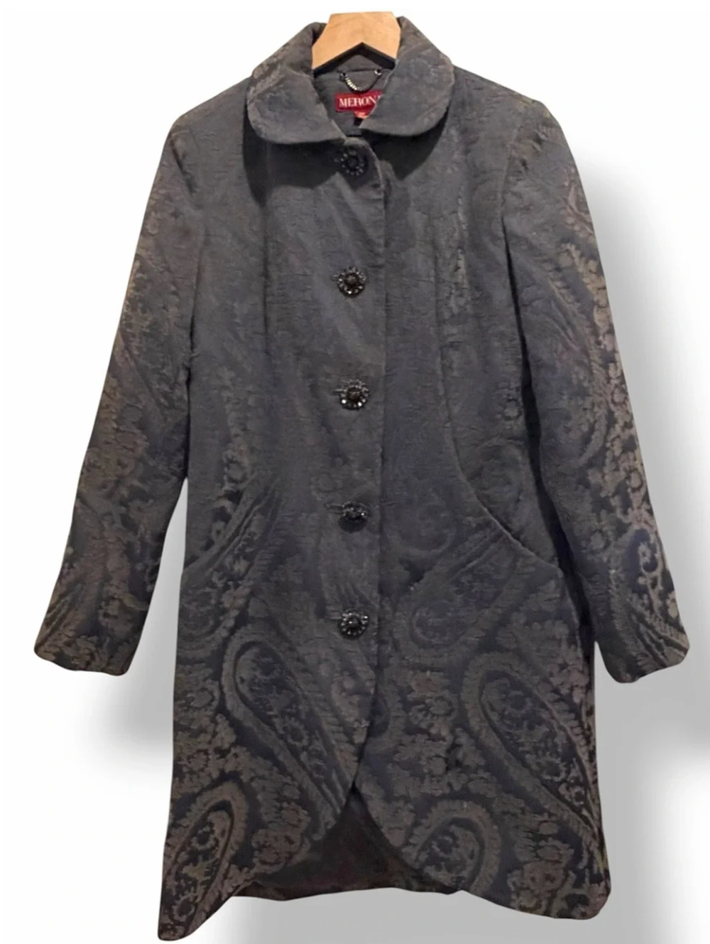 Silvery Blue Gray Jacquard Long Coat SM Jeweled Buttons Goth Steampunk Victorian
